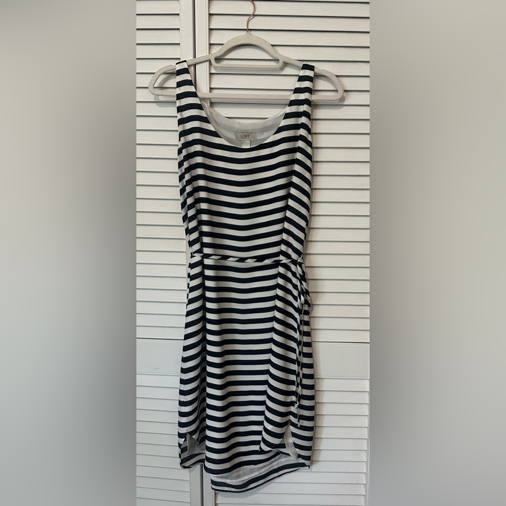 LOFT Black & White Horizontal Stripe Midi Dress with Tie Waist
